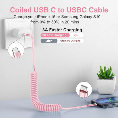 USB C to C Cable 3FT for Car, Coiled USB C Fast Charging Cable for iPhone 16, 2Pack Type C Cord for iPhone 15/Plus/Pro/Pro Max/Samsung Galaxy S23-Pink