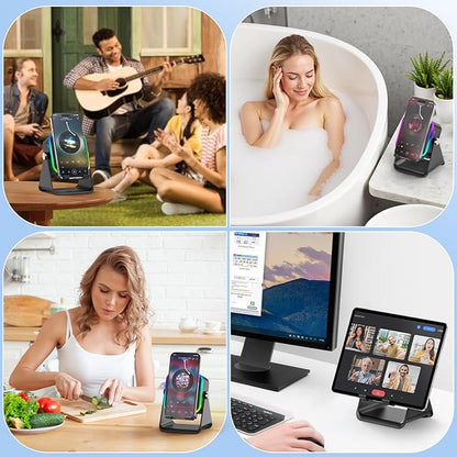 Wireless Induction Speaker 5-in-1 Bluetooth Speaker with Phone Stand,Stereo Sound, 3500mAh Rechargeable, 8 RGB Ambient Light, 360° Adjustable Holder for iPhone/Android/iPad,Gifts for Men Women (Black)