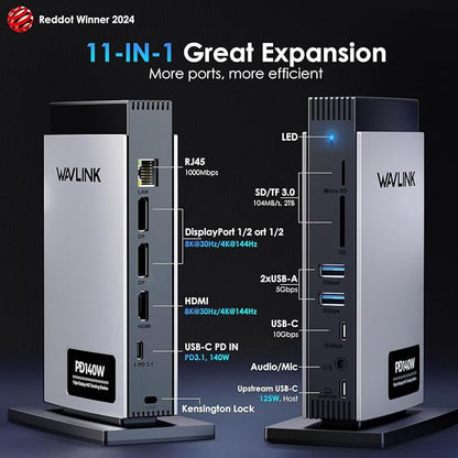 WAVLINK Laptop Docking Station 3 Monitors(Max Resolution: Single 8K or Triple 4K), 11-in-1 USB C Docking Station with 125W PD3.1 Pass-Through, HDMI + 2*DP, for MacBook M1/M2/M3/M4 & Windows, SD/TF