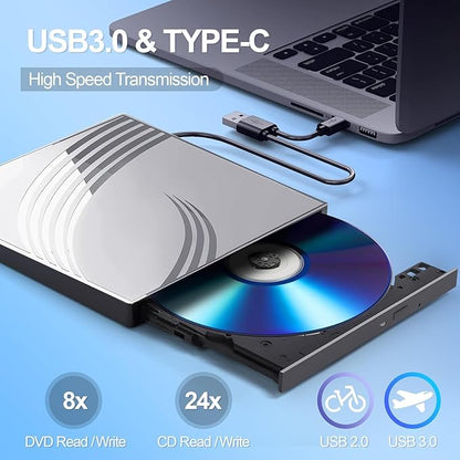 External CD/DVD Drive for Laptop, Ultra Slim CD Burner USB 3.0 Hub with 4 USB Ports, 2 TF/SD Card Slots,1 Type-C Port,DVD Player for Laptop Compatible with mac OS/Windows/Linux (Silver)
