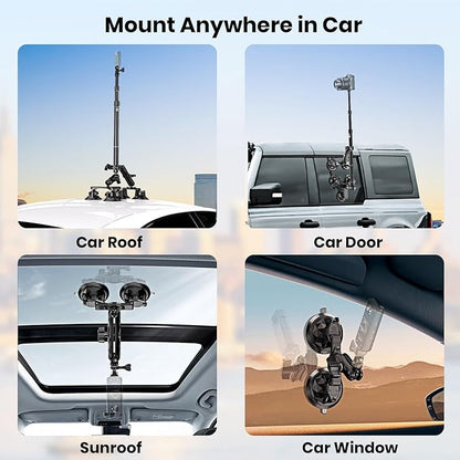 Suction Car Mount for GoPro/Insta360/DJI | Aluminum Alloy Extendable Selfie Stick with Multi-Joint Flexible Arm | Upsized Strong Suction Mount Kit Includes Tripod Adapter