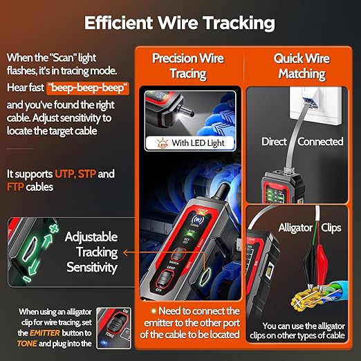 AMPCOM Wire Tracker & Network Cable Tester with PoE Detection, NCV Voltage Detection, RJ45/RJ11 Line Tracer, Type-C Rechargeable, LED Light, for LAN/Ethernet/Telephone Continuity Testing