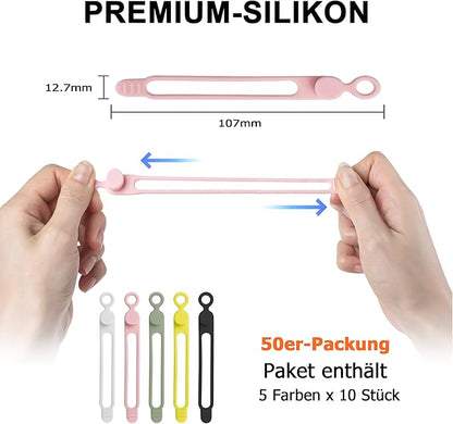 Nearockle 50Pcs Silicone Cable Ties Cord Organizer for Bundling Earphone, Phone Charger, Computer Cords, Reusable Cable Ties Wire Organizer in Home,Office,Kitchen,School (5 Colors)