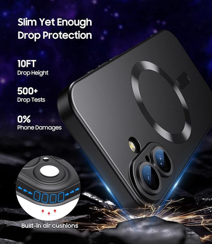Magnetic for iPhone 16 Plus Case [Compatible with MagSafe][Built-in Camera Lens Protector] Slim Soft Silicone Bumper Shockproof Metallic Luster Phone Case (Black)