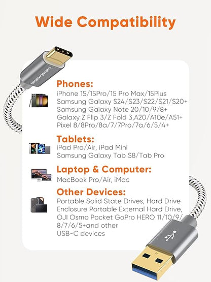 CableCreation USB A to USB C Short Cable 1FT 10Gbps, 3A Fast Charging, USB-C 3.1 Gen 2 for Carplay Android Auto, Type C Cord for iPhone 16 15 Pro SSD Galaxy MacBook Pixel iPad