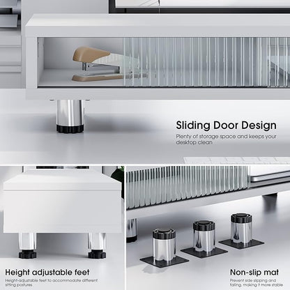 Fenge Dual Monitor Stand, 42.5inch Long Monitor Stands Riser for 2 Monitors, Sliding Door with Storage Organizer Stand for Desk, 2 Tier Desk Shelf for Laptop, Pc, Printer, Computer, TV
