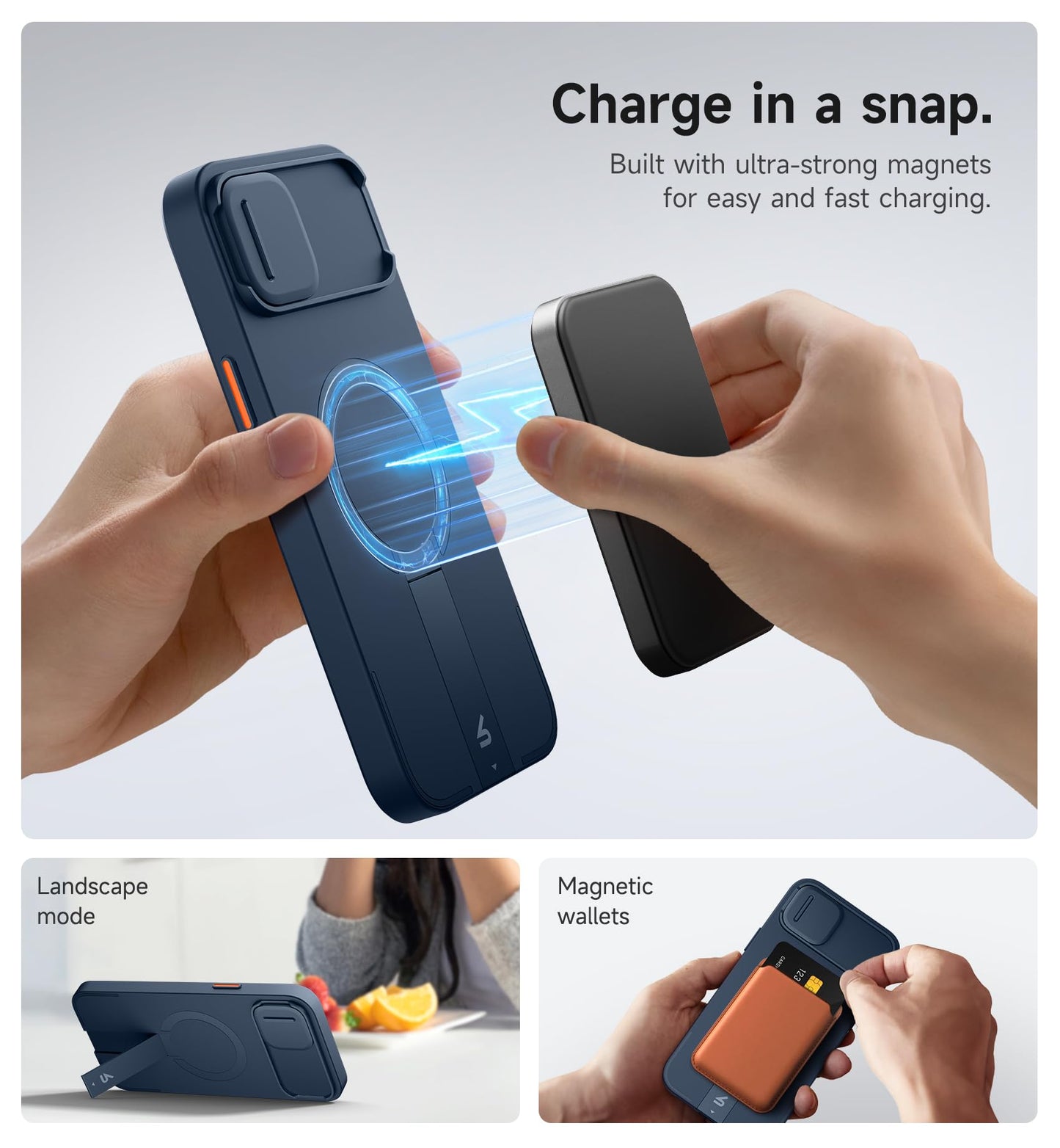 SURITCH for iPhone 14 Plus/15 Plus Case with Magnetic Camera Slide Cover and Adjustable Kickstand, Compatible with MagSafe, Shockproof Bumper Case Slim Protective Cover 6.7 Inch, Blue
