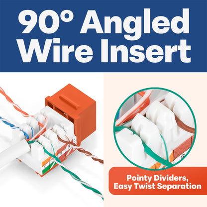 Everest 90 Degree RJ45 Cat5e Keystone Jacks Slim Profile 10-Pack Orange