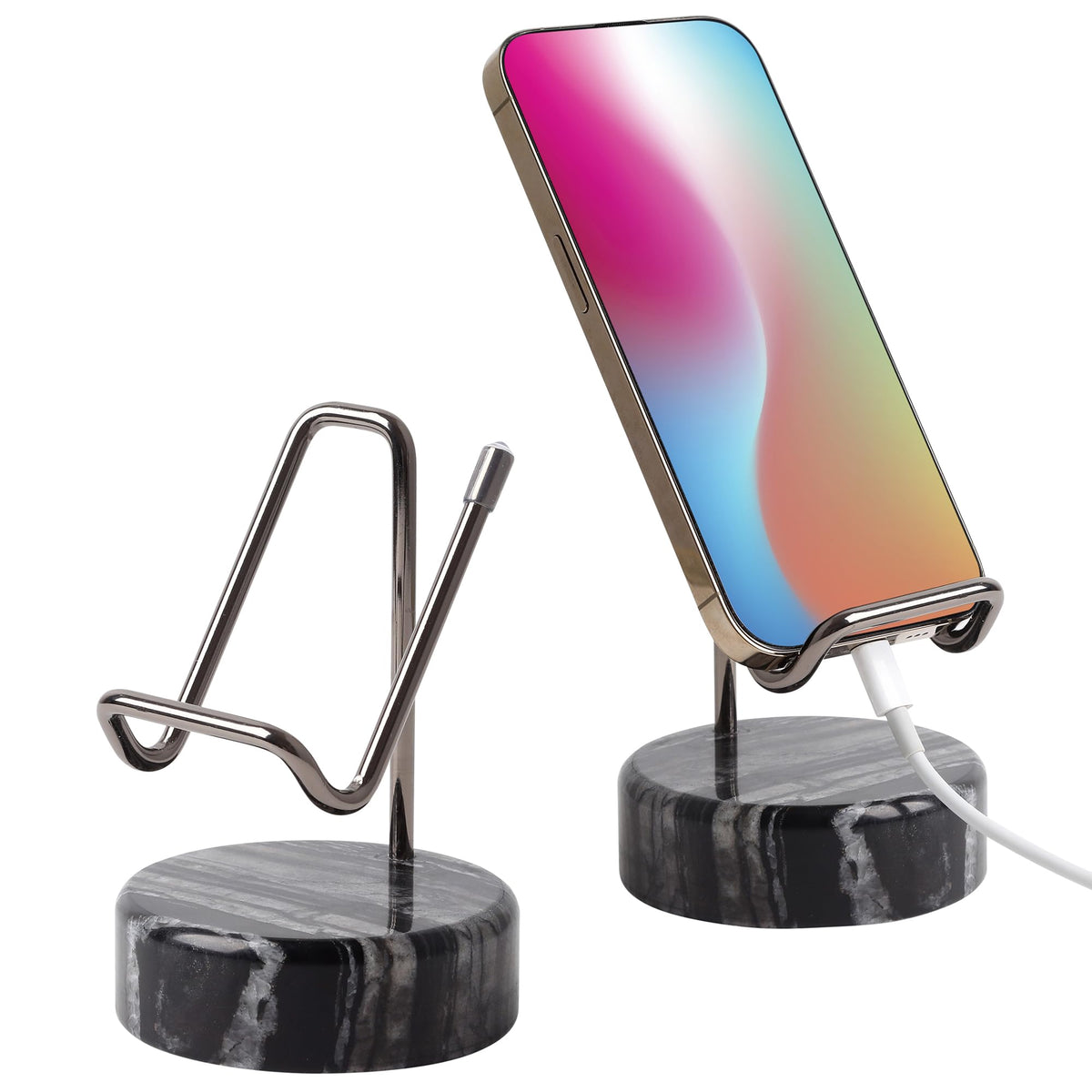 TransMarble Marble Phone Stand with Metal Holder, Charging Available While Using, Swipe Up to Unlock, Made of Natural Marble as Business Card Holder for Office Desk (Starry White + Gold)