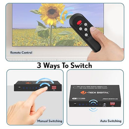 8K HDMI Switch 2 in 1 Out, 8K@60Hz 4K@120Hz 1080P@240Hz with Audio Extraction, HDMI to Optical & Analog 3.5mm, HDR HDCP2.3 EDID Control (JTECH-8KSW21AE)