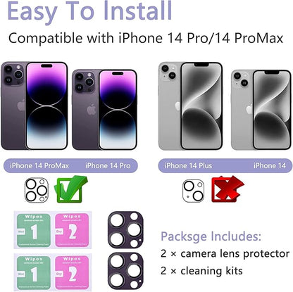 2 Pack Camera Lens Protector for iPhone 14 Pro/14 Pro Max,[Not Easy to Breakn ] AR Tempered Glass Strong Adsorption Metal Camera Cover Screen-Dark Purple