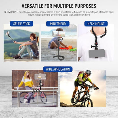 NEEWER Flexible Phone Holder with Magnetic Quick Release Camera Mount Compatible with Insta360 DJI Action 4 iPhone, Bendable Selfie Stick for Shopping Cart/Stroller/Treadmill/Gym, GP-17