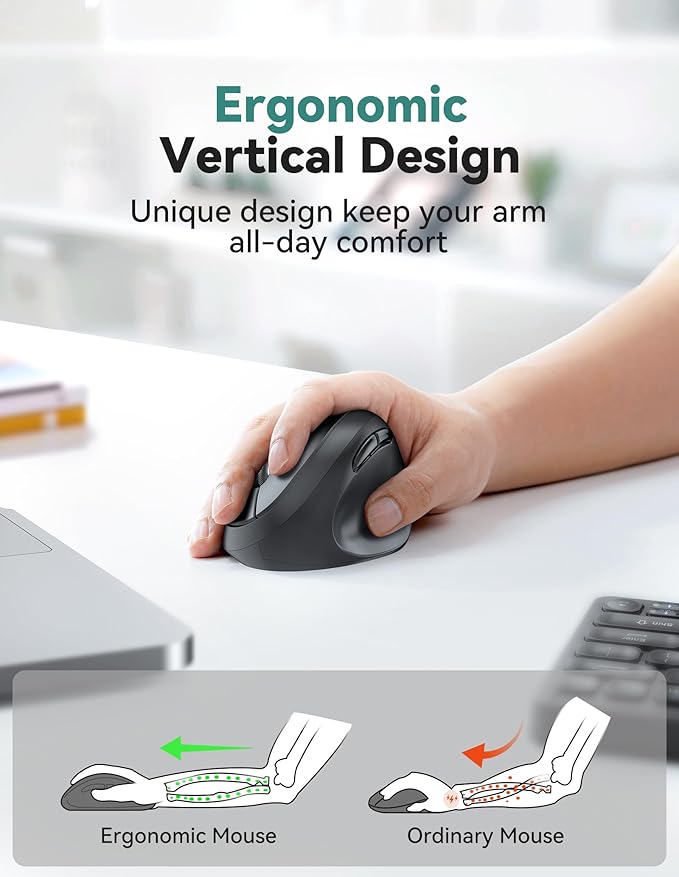 TECKNET Ergonomic Mouse, 4800 DPI Wireless Vertical Mouse, 5 Adjustable DPI Levels, 6 Buttons, 2.4G Silent Wireless Mouse for Laptop, PC, Chromebook, Mac - Black