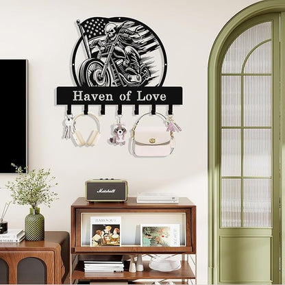 Personalized Skull Motocycle Key Holder Wall Mount, Custom Metal Key Rack Key Holder with Name, Deer Cabin Wall Keys Hanger with Hooks for Entryway, Front Door, Hallway, Kitchen, Living Room