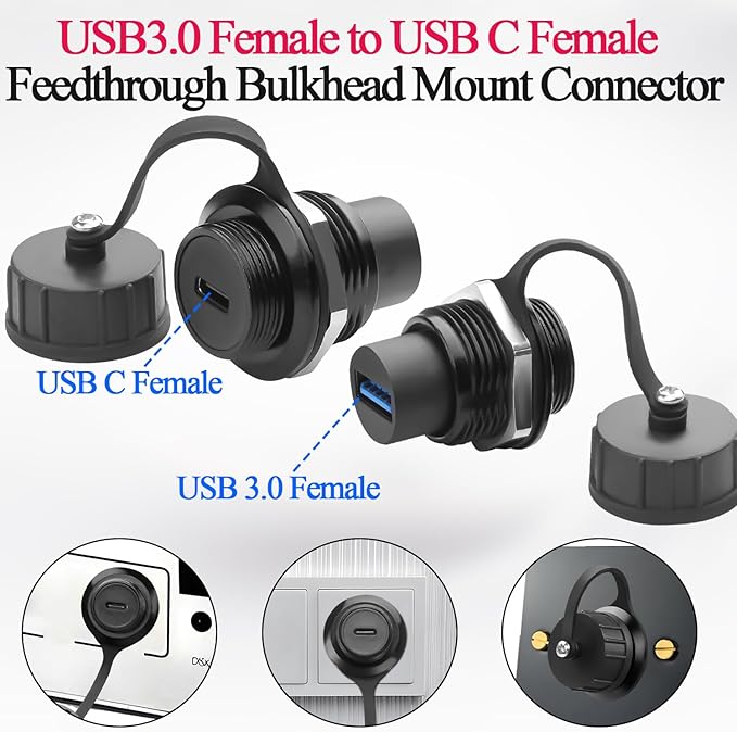 QIANRENON USB 3.0 to USB C Threaded Fixing Waterproof Adapter 5Gbps USB3.0 Female to USB Type C Female Feedthrough Bulkhead Mount Connector Receptacle 5V/1.5A, for Outdoor Data Transfer Charge