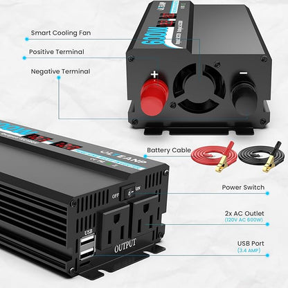 600W Power Inverter Pure Sine Wave Inverter 12V DC to 120V AC Converter for Car, Truck, Home, Vehicles, Laptop, Car Inverter 12V to 110V with 2 AC Outlets, 2 USB Ports, LCD Display