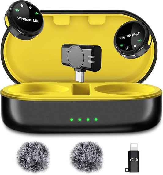 GoorDik Wireless Lavalier Microphone for iPhone, iPad and Android(Lightning/USB C), Mini Microphones 30 H Battery Life, 2 Pack Round Mini Mics for Video Recording YouTube TikTok Content Creator