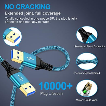 USB to USB Cable 10 FT, 2Pack Extra Long USB3.0 Male to Male Type A to A Double Side USBCord for Data Transfer,Hard Drive Enclosures,Computer PC Cooling Pad/Fan,Laptop Cooler,DVD Player,TV,Hub,Printer