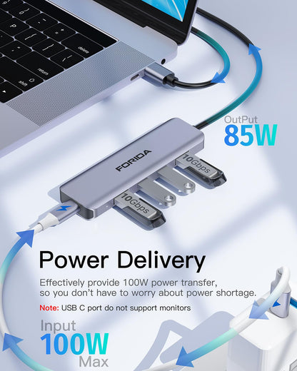 USB C Hub 10Gbps USB C Multiport Adapter for MacBook ipad Phone with 100W PD Charging, USB c Splitter 1 in 4 Out 10Gbps Data Ports Compatible with Surface, XPS, Samsung, Dell and More(Space Gray)