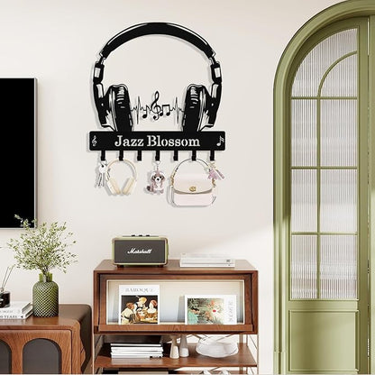 Personalized Headphone Key Holder Wall Mount, Custom Metal Key Rack Key Holder with Name, Deer Cabin Wall Keys Hanger with Hooks for Entryway, Front Door, Hallway, Kitchen, Living Room