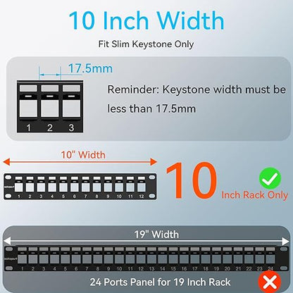 12 Port Mini Blank Keystone Patch Panel with Snap-in Design, Cat6 Network Patch Panel 1U 10 inch, Rack Mount Ethernet Patch Panel (for Slim Keystone Only)