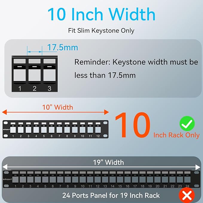 12 Port Mini Blank Keystone Patch Panel with Snap-in Design (2 Pack), Cat6 Network Patch Panel 1U 10 inch, Rack Mount Ethernet Patch Panel (for Slim Keystone Only)