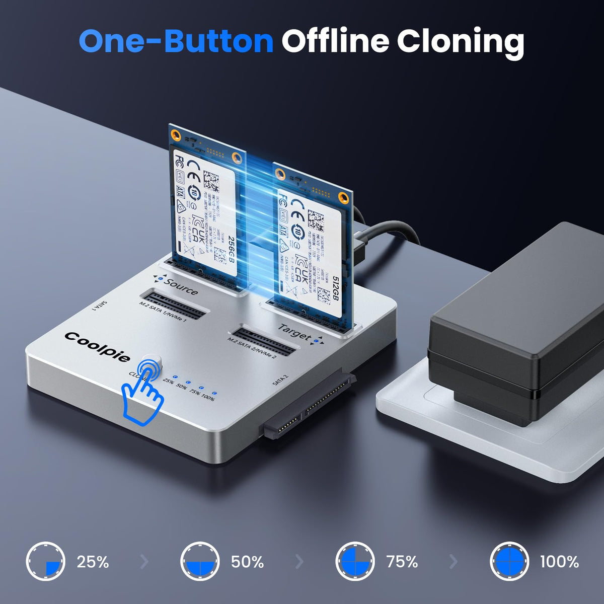 Coolpie 4-in-1 SSD Cloner, Supports M.2 NVMe/SATA 4 Mode (Silver)