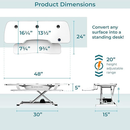 VERSADESK® PowerPro™ 48 Inch Extra Wide Standing Desk Converter, PowerPro™ Electric Height Adjustable Sit to Stand Desk Riser with Keyboard Tray, Build-in USB Charging Outlet, Hold 80 lbs, (48", White)