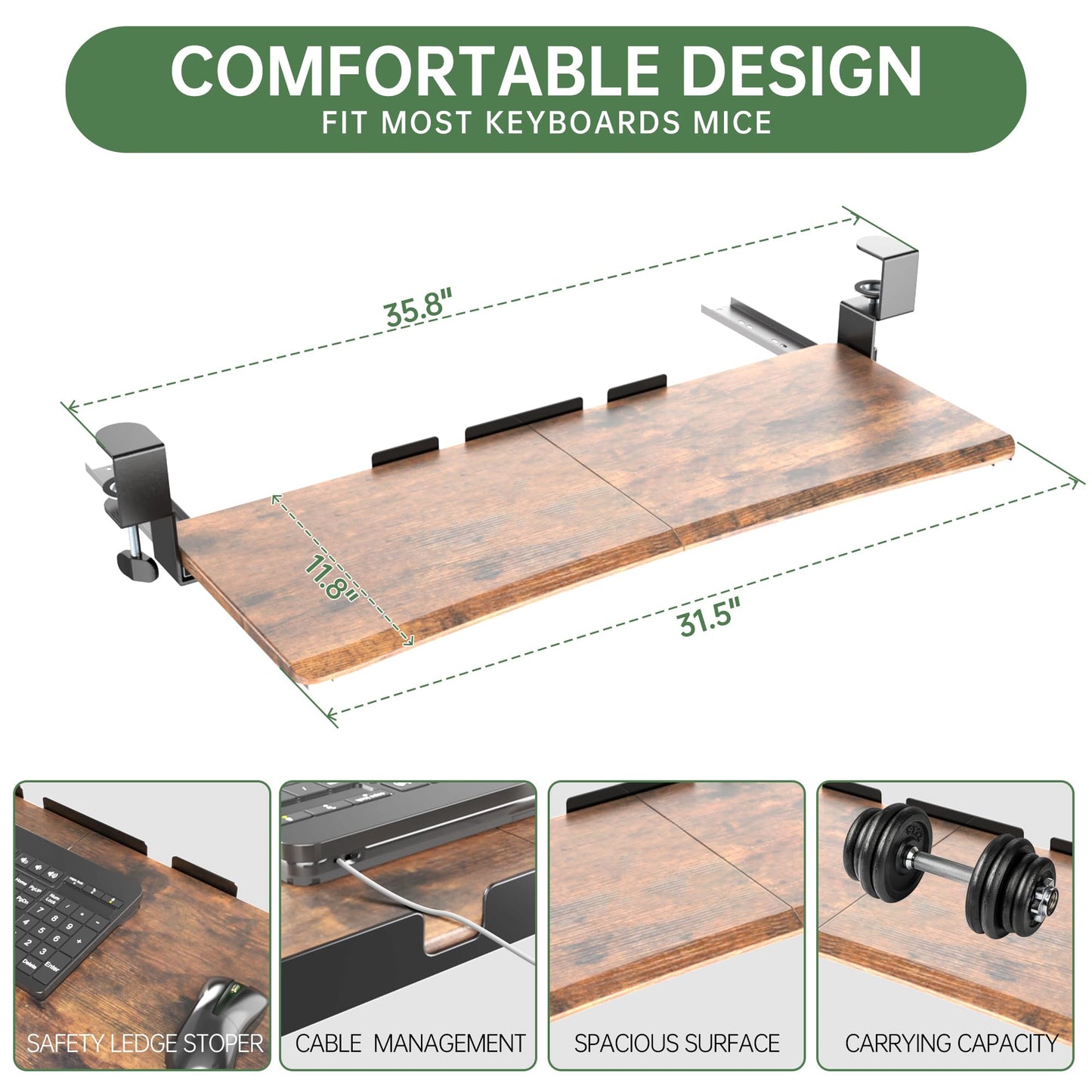 UPGRAVITY Extra Large Keyboard Tray Under Desk Rustic Vintage Brown