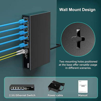 5 Port 2.5G Base-T Smart Web Ethernet Switch Managed with 10Gbps SFP Port, Compatible with 100/1000/2500Mbps Network, VIMIN 6-Port 2.5 Gigabit Managed Network Switch for 2.5G NAS, PC, Wireless AP