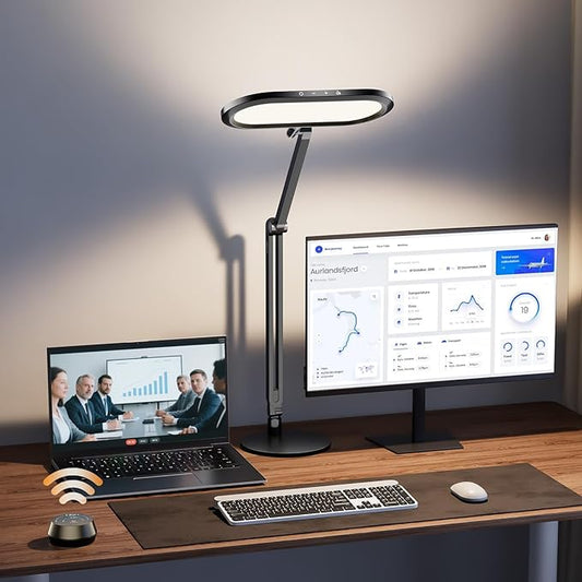 LED Desk Lamp for Home Office – Eye-Caring Double Side Light with Knob Remote, Stepless Dimming & Color, Memory, Metal Table Lamp for Zoom, Studying, Video Conference, Flicker-Free, Glare-Free