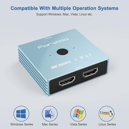 8K HDMI Switch 2 in 1 Out, 8K HDMI Splitter 4K 120Hz 1 in 2 Out for Dual Monitor PC Adapter Hub Bi-Directional Switcher