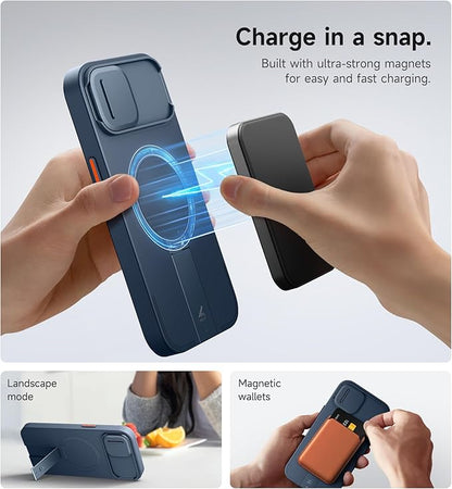 SURITCH for iPhone 15 Case with Magnetic Camera Slide Cover and Adjustable Kickstand, Compatible with MagSafe, Shockproof Bumper Case Slim Protective Cover 6.1 Inch, Blue