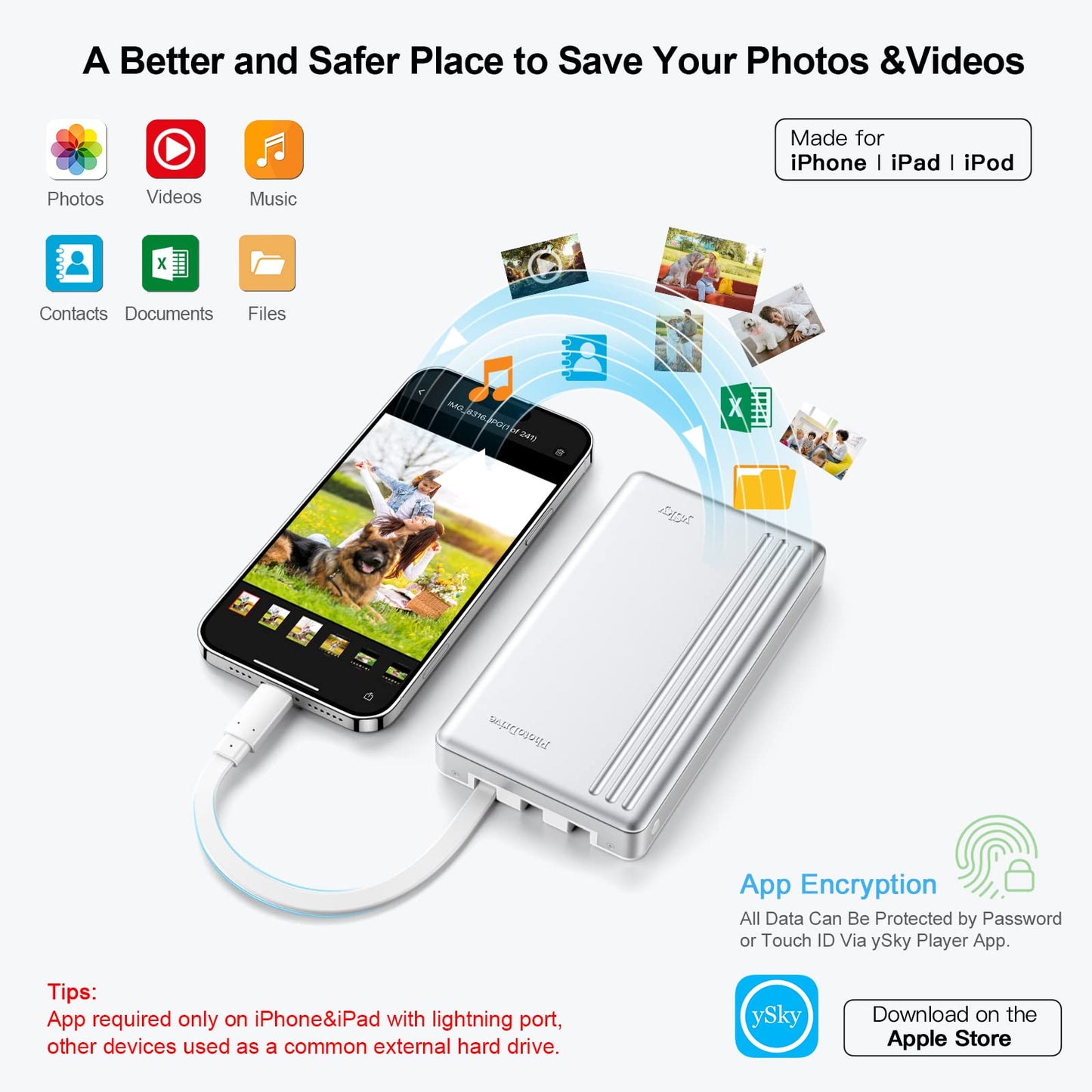 MFi Certified 2TB External Hard Drive for iPhone iPad MacBook Computer,Photo Stick USB Flash Drive Storage Device for iPhone 17/16/ 15/14/13 to Backup Photo| Video | Music| File 【One-Touch Backup】