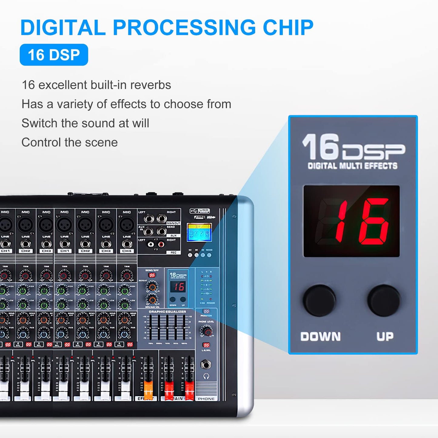 Mixers Audio 8 Channel Mixer Power Mixer Amplifier 2 * 300 Watt Output Dj Mixer Board with 16 Kinds of DSP Reverb Sound Mixers for Speakers