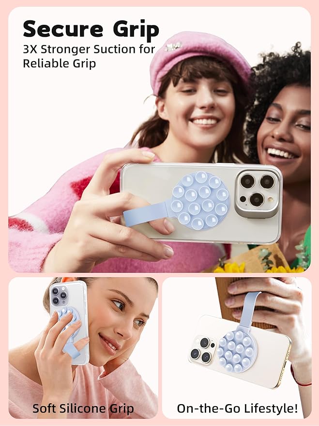 Magnetic Suction Phone Case Mount, Silicone Suction Cup Grip Stand for MagSafe Case, Hands-Free Phone Holder for iPhone 16/15/14 Pro Max, TikTok Videos, Selfies, Women Gift (Light Pink)911001A (Blue)