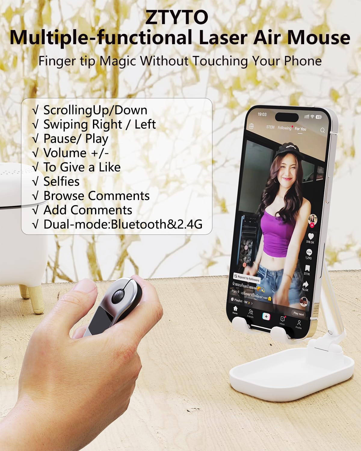 ZTYTO Air Mouse for PC/iOS/Android with Touchpad Rechargeable Wireless Presentation for PPT Pointer Bluetooth 2.4G Remote Control for PowerPoint/Keynote/Tiktok/Camera/Kindle App (Silver)