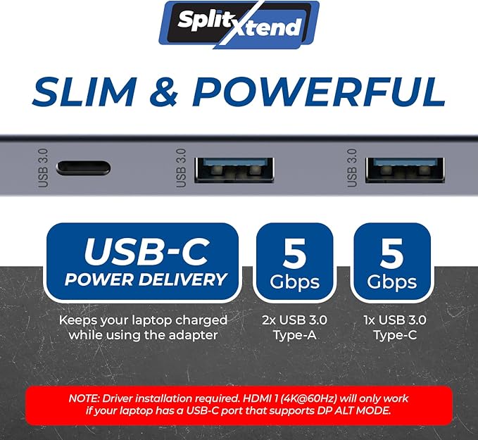 OREI SplitExtend Laptop Docking Station 3 Monitors - 2X USB 3.0, 1x Type-C, SD Card Reader - USB C Docking Station to HDMI 2.0 Extended Screen, 4K@30Hz Outputs - 100W PD
