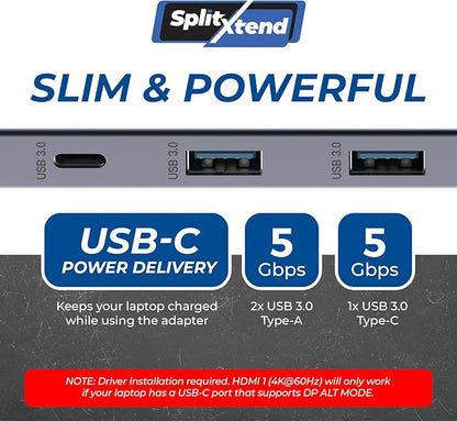 OREI SplitExtend Laptop Docking Station 3 Monitors - 2X USB 3.0, 1x Type-C, SD Card Reader - USB C Docking Station to HDMI 2.0 Extended Screen, 4K@30Hz Outputs - 100W PD