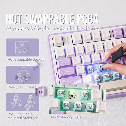 EPOMAKER x Aula F75 Gasket Mechanical Keyboard, 75% Wireless Hot Swappable Gaming Keyboard with Five-Layer Padding&Knob, Bluetooth/2.4GHz/USB-C, RGB (Purple, LEOBOG Reaper Switch)