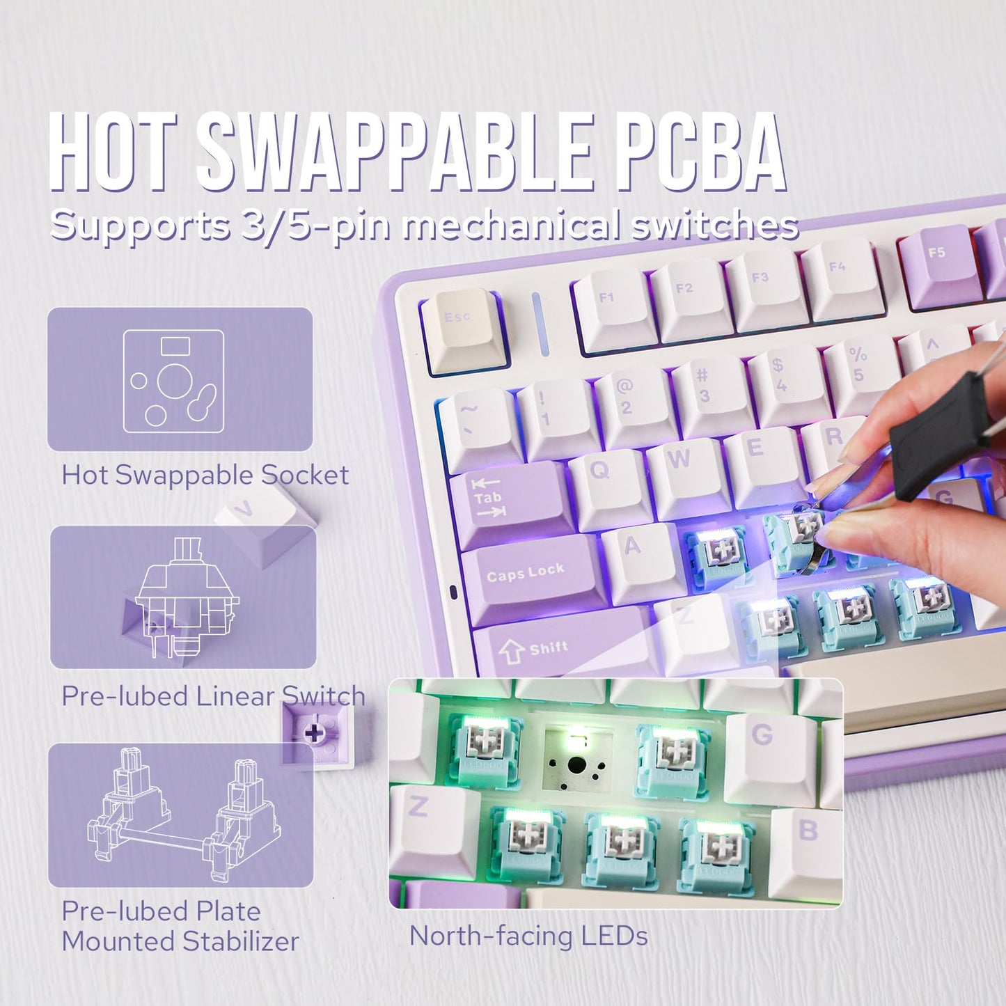 EPOMAKER x Aula F75 Gasket Mechanical Keyboard, 75% Wireless Hot Swappable Gaming Keyboard with Five-Layer Padding&Knob, BT/2.4GHz/USB-C, RGB (Purple, LEOBOG Reaper Switch)