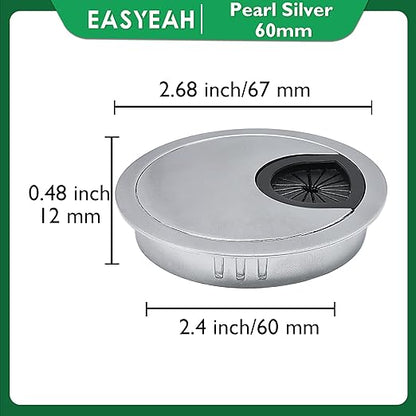 2 Pcs Desk Grommet 2-3/8" / 60 mm, Desk Cord Hole Cover, Cable Grommet Metal Zinc Alloy Materilal, Desk Hole Grommet for Home & Office Pc, Detachable Cable Cord Organizer-Matte Silver