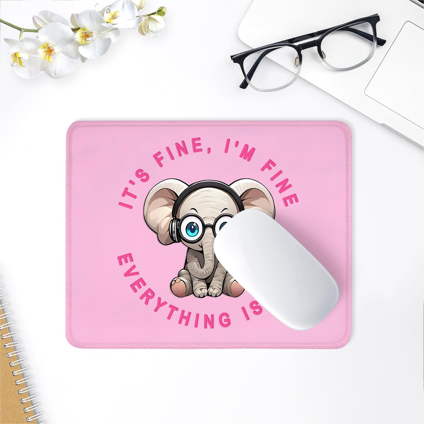 ITNRSIIET Mouse Pad with Stitched Edge Premium Textured Smooth Precise Operation Waterproof Washable Non-Slip Rubber Base Desktop Protection Mat, 10.2×8.3×0.12 inches, Pink Pretty Elephant