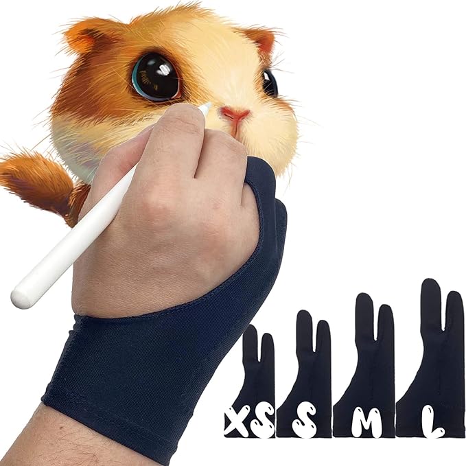 AKX Artist Glove, Palm Rejection Drawing Glove for Graphic Tablet, iPad - Smudge Guard, 2-Finger, Good for Left and Right Hand (Black, Xsmall, 2 Pack)