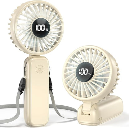 Portable Handheld Fan, 5000mAh Rechargeable Battery, Max 15H Cooling, 4 Speeds, LED Display, Foldable Design, 3-IN-1 Personal Pocket Fan with lanyard for Travel Outdoors Makeup Concert Commute