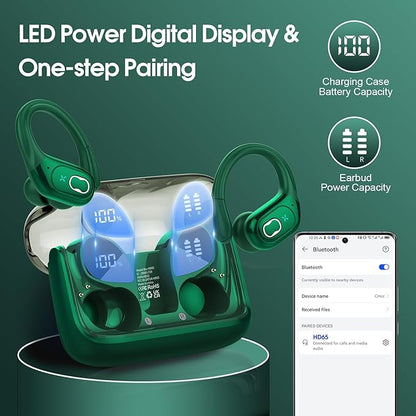 Wireless Earbuds 75hrs Bluetooth 5.4 Headphone Sport, 2025 Bluetooth Earbuds Stereo Deep Bass Over Ear Bud with Earhooks, ENC Noise Cancelling Mic, IPX7 Waterproof Earphone, Dark Green