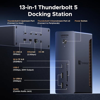 UGREEN Revodok Max 2131 Thunderbolt 5 Dock, 13-in-1, 120Gbps Transfer, Single 8K, Dual 6K60Hz Display, 140W Max Charging, 2.5GbE, SD/TF 4.0, for Thunderbolt 5/4 MacBooks and Windows Laptops