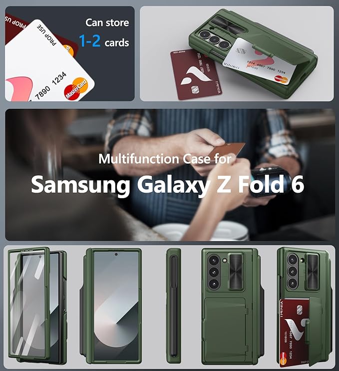Vihibii for Samsung Galaxy Z Fold 6 Wallet Case with S Pen Holder & Card Holder & Camera Lens Cover & Hinge Protection & Front Screen Protector, Heavy Duty Phone Case for Samsung Z Fold 6 5G, Green