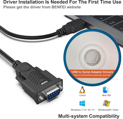 BENFEI USB to Serial Adapter, USB to RS-232 Male (9-pin) DB9 Serial Cable, Prolific Chipset, Windows 11/10/8.1/8/7, Mac OS X 10.6 and Above, 1.8M（Not VGA）