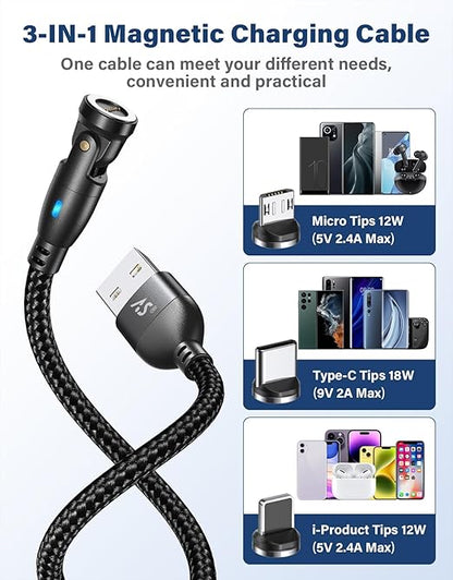 A.S Magnetic Charging Cable[4PACK, 3.3/3.3/6.6/6.6ft]-3 in 1 Magnetic Phone Charger Data Transfer Cord-Magnet USB C Charging Cable-Magnet Charger Cable for Micro USB/TypeC/i-Product Nylon Braided
